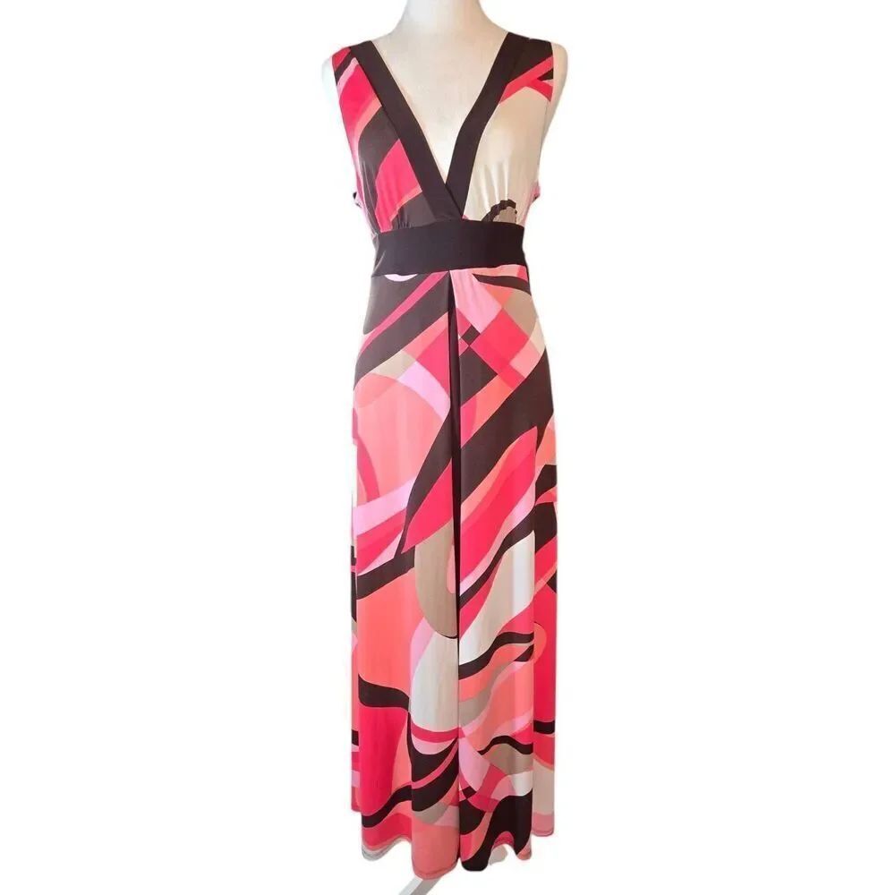 Bisou Bisou Women's Size 14 Brown/Coral/Fuschia Empire Dress